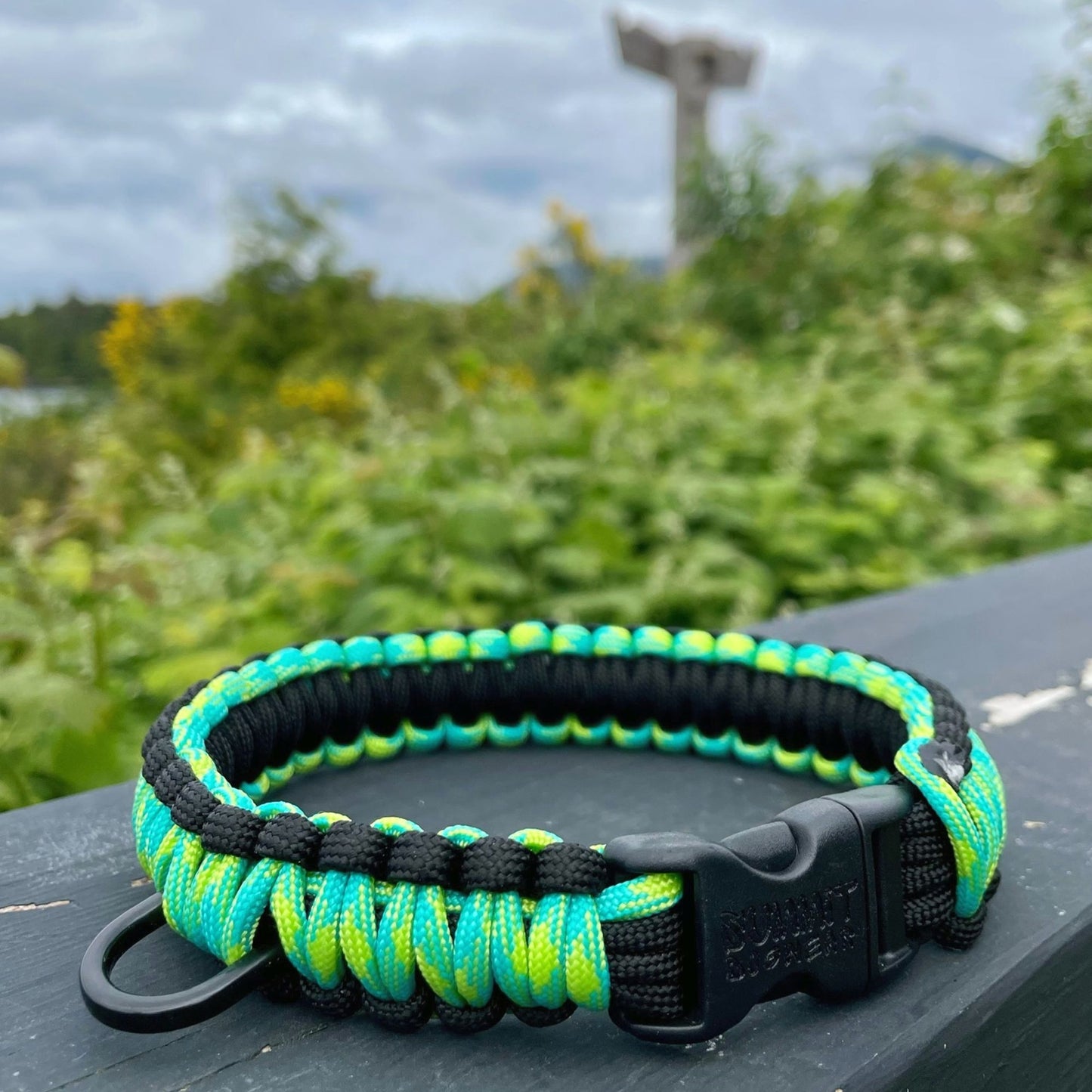 Small paracord dog collar in bright high visability yellow with totem pole in background