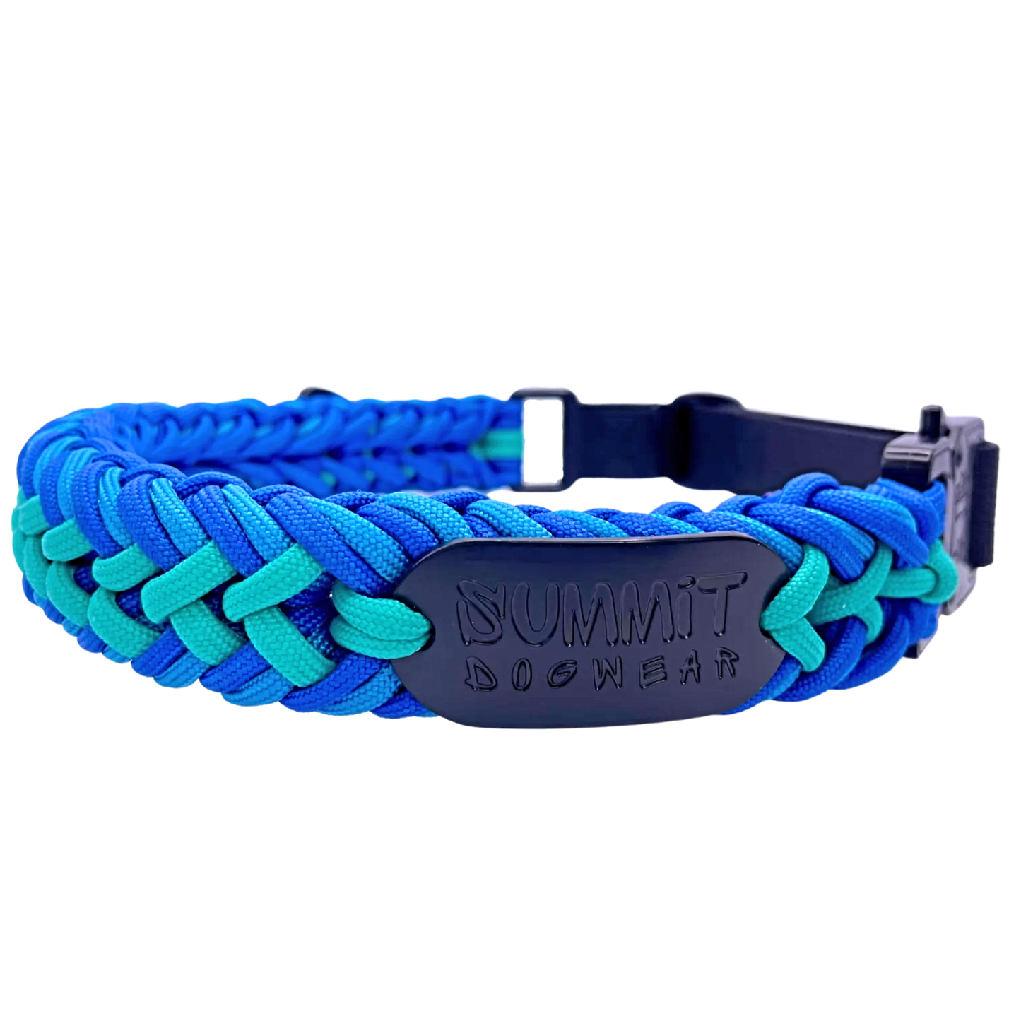 Premium Paracord Collar with Black Tactical hardware and A Quick Release Buckle In Teal and Blue