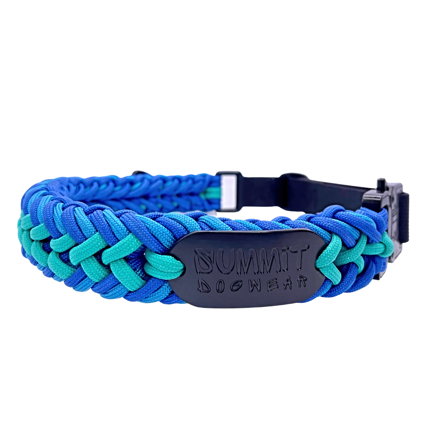 Premium Paracord Collar with Black Tactical hardware and A Quick Release Buckle In Teal and Blue