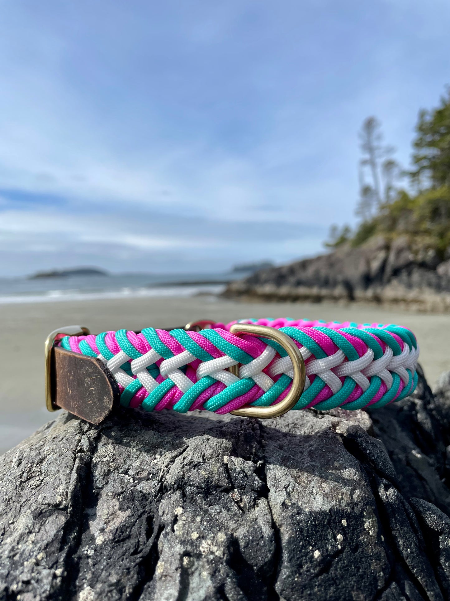 Beautiful Pink and Blue Paracord Dog Collar With Gold Hardware