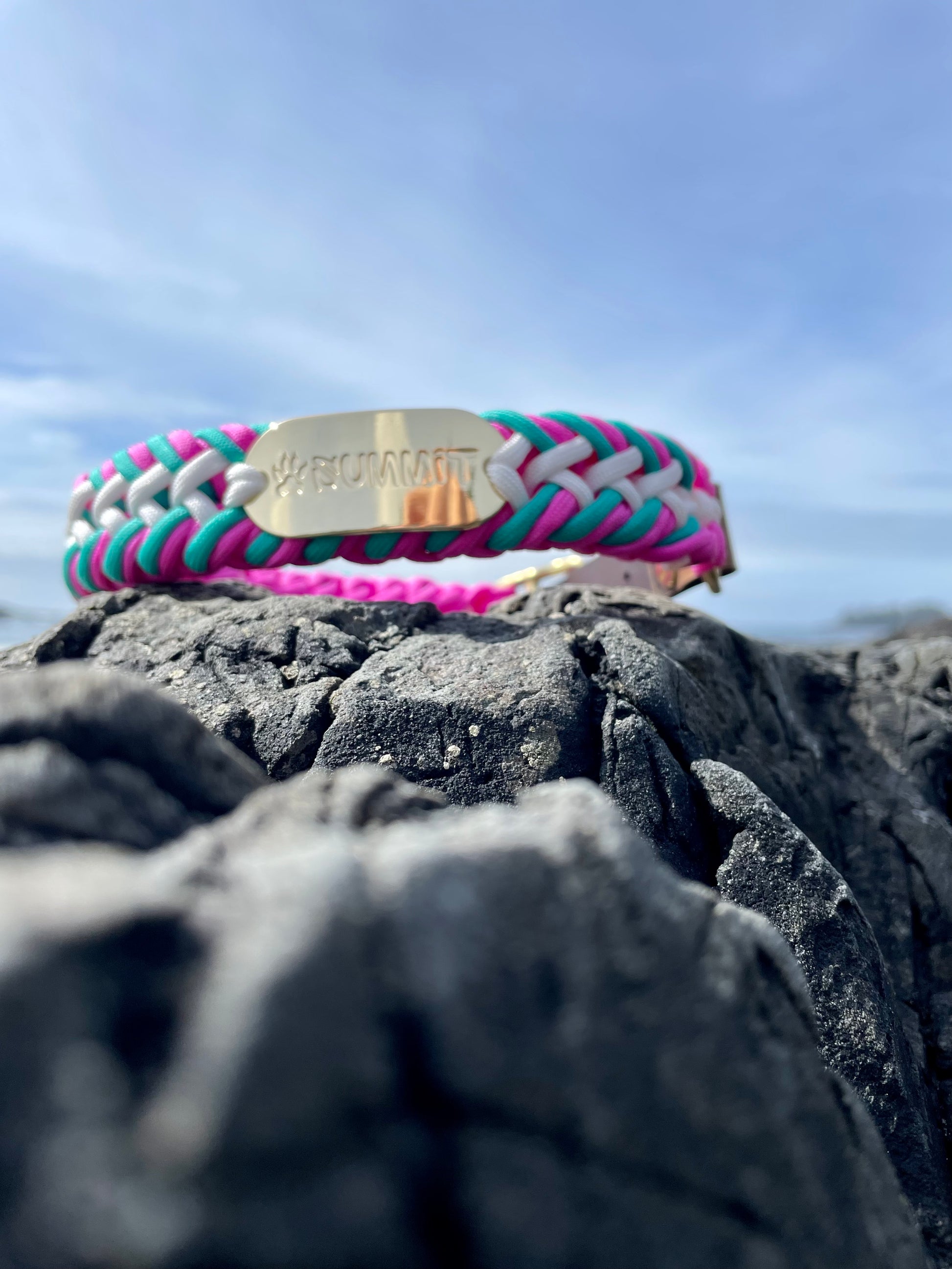 Beautiful Pink and Blue Paracord Dog Collar With Gold Hardware