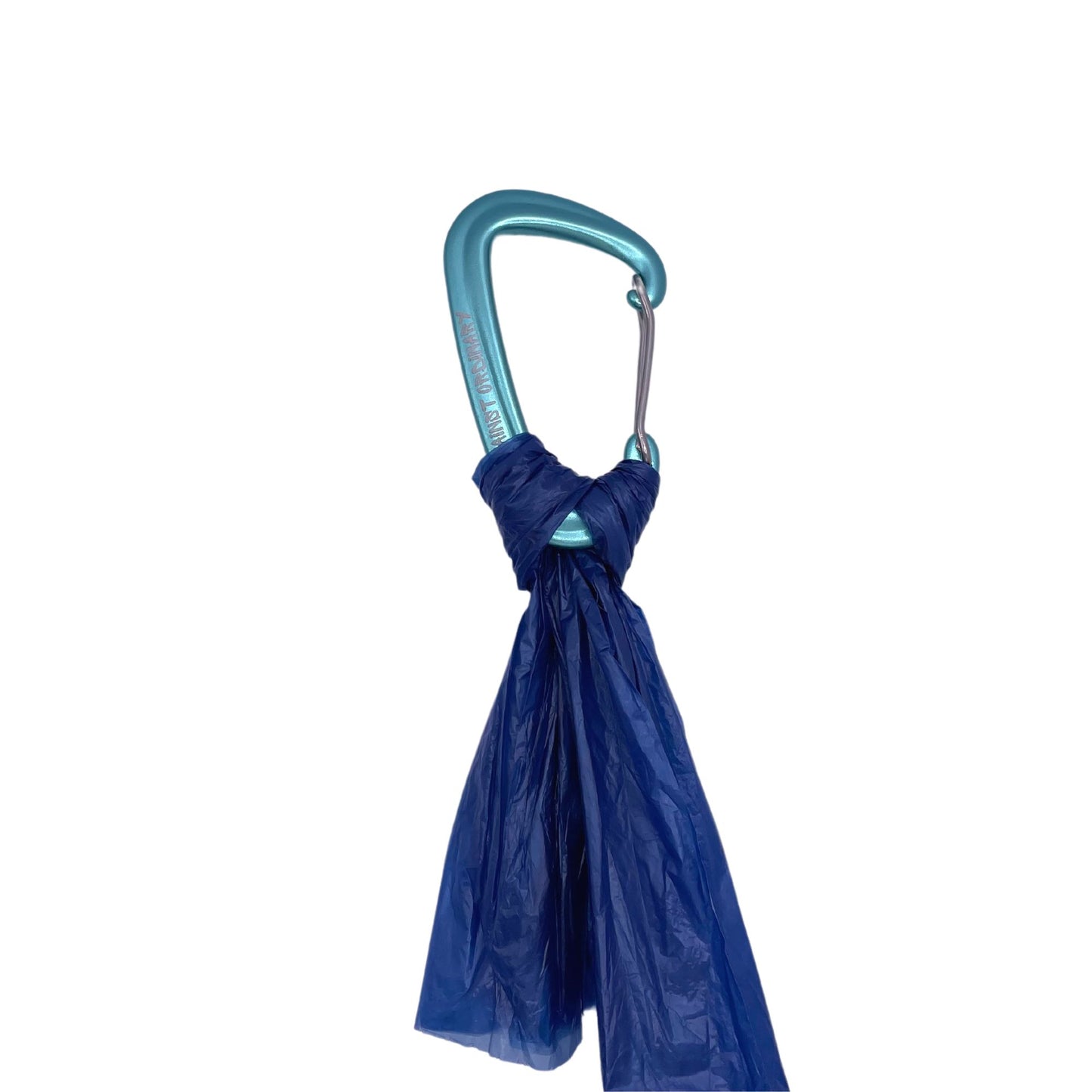 Carabiner clip for leashes to be in teal with poop bag attached