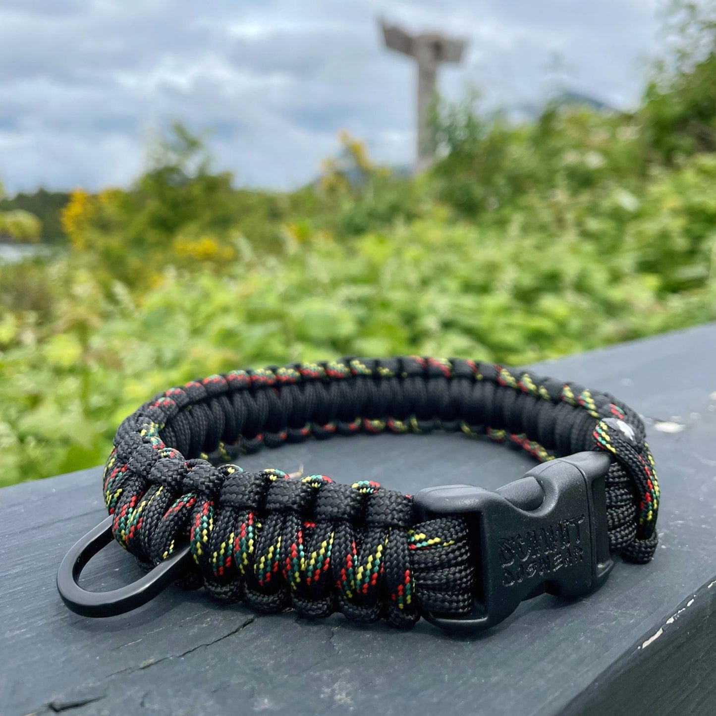 Strong Small dog paracord collar in black with rasta stitching non adjustable