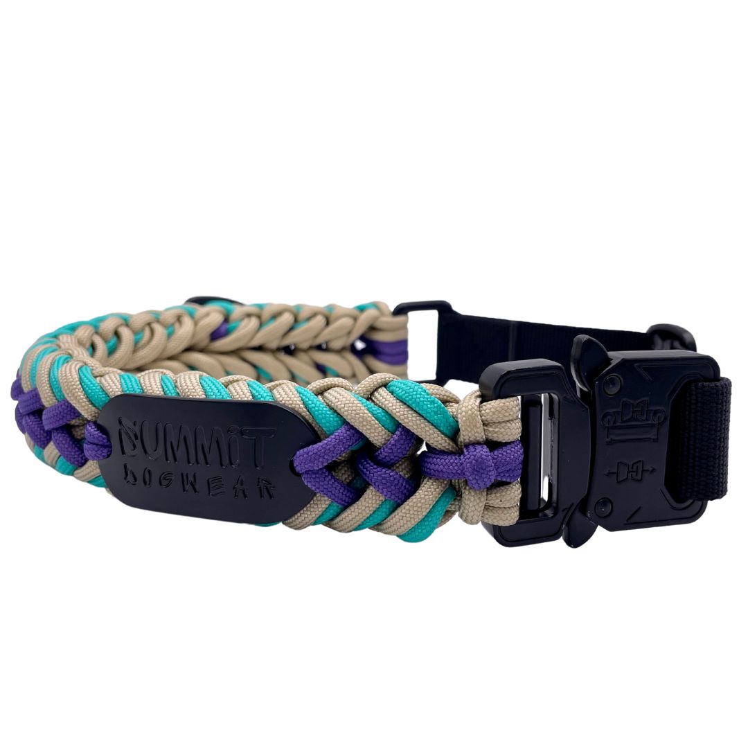 Premium quick-release tactical braided paracord dog collar purple & teal