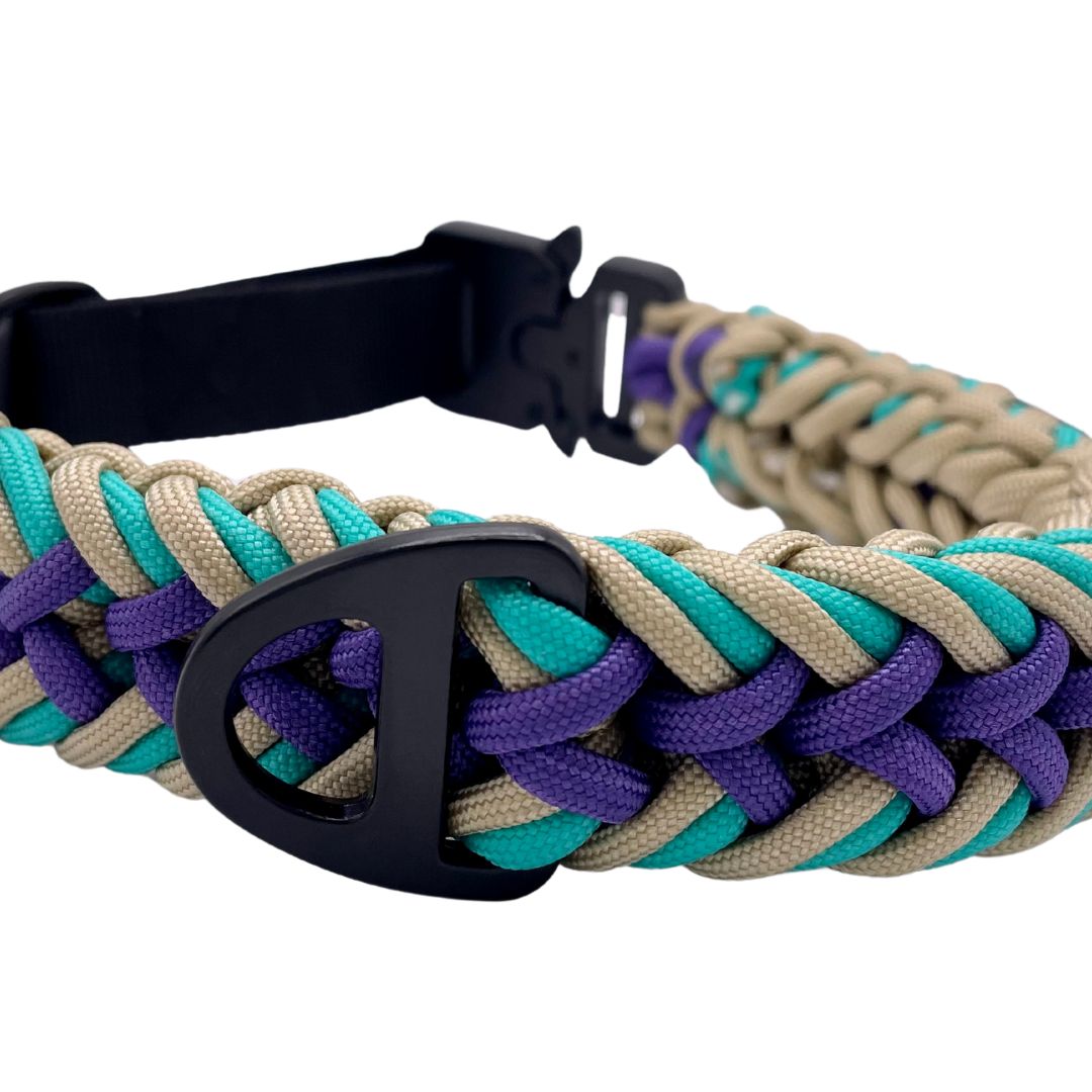 Premium quick-release tactical braided paracord dog collar purple & teal