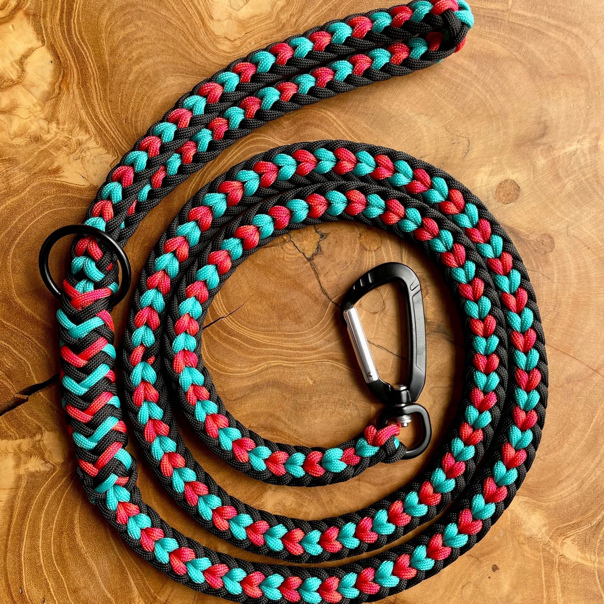 Coiled Yamnuska Paracord Dog Leash with Swivel Carabiner In Teal Orange and Red