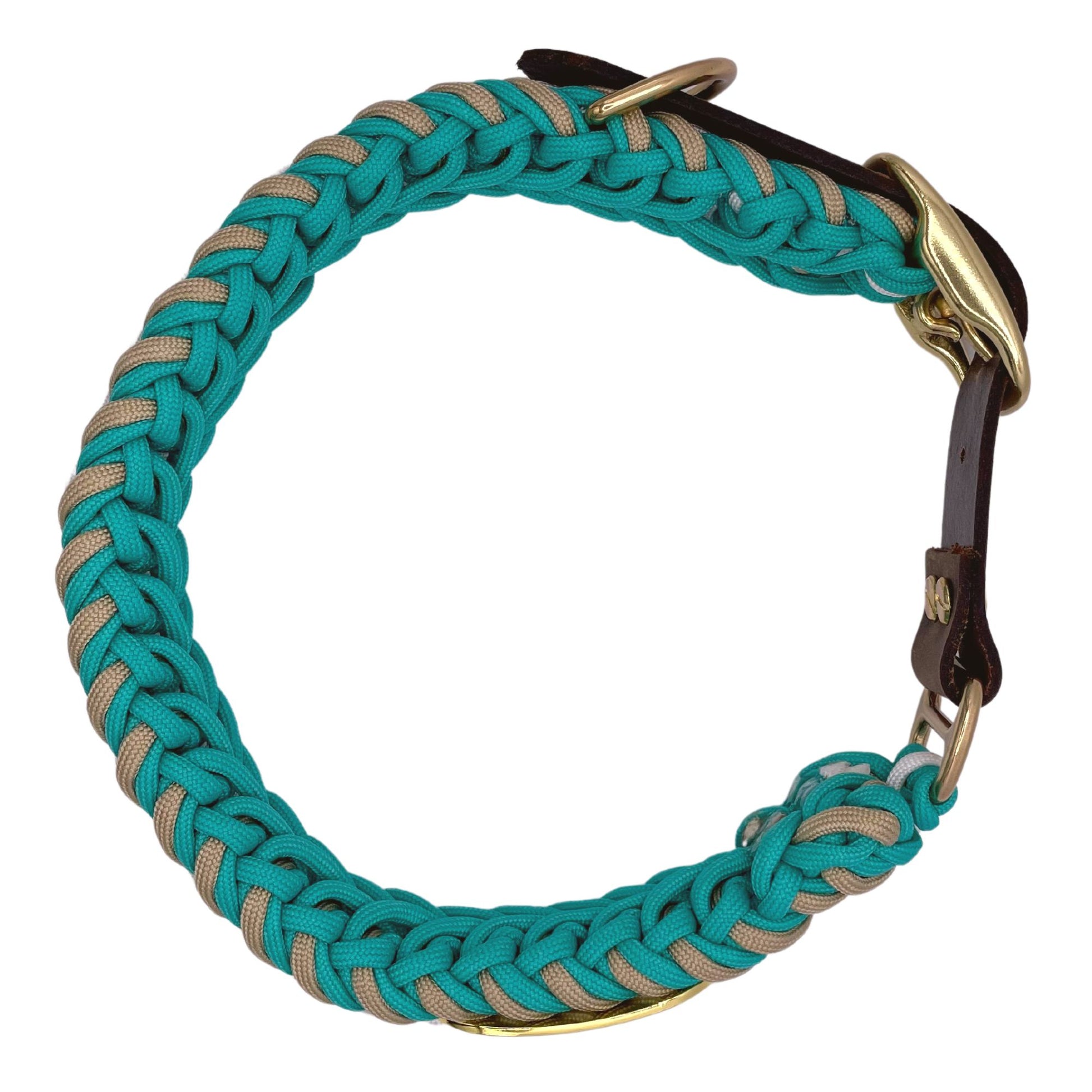 Beautiful Teal Paracord Dog Collar With Gold Hardware and leather or biothane belt