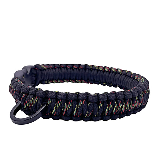 Strong Small dog paracord collar in black with rasta stitching non adjustable