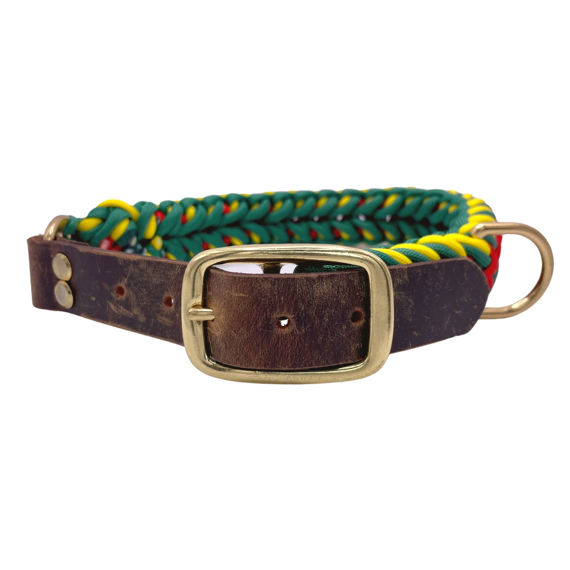 Rasta Paracord Dog Collar with Gold hardware and Leather or Biothane belt options.