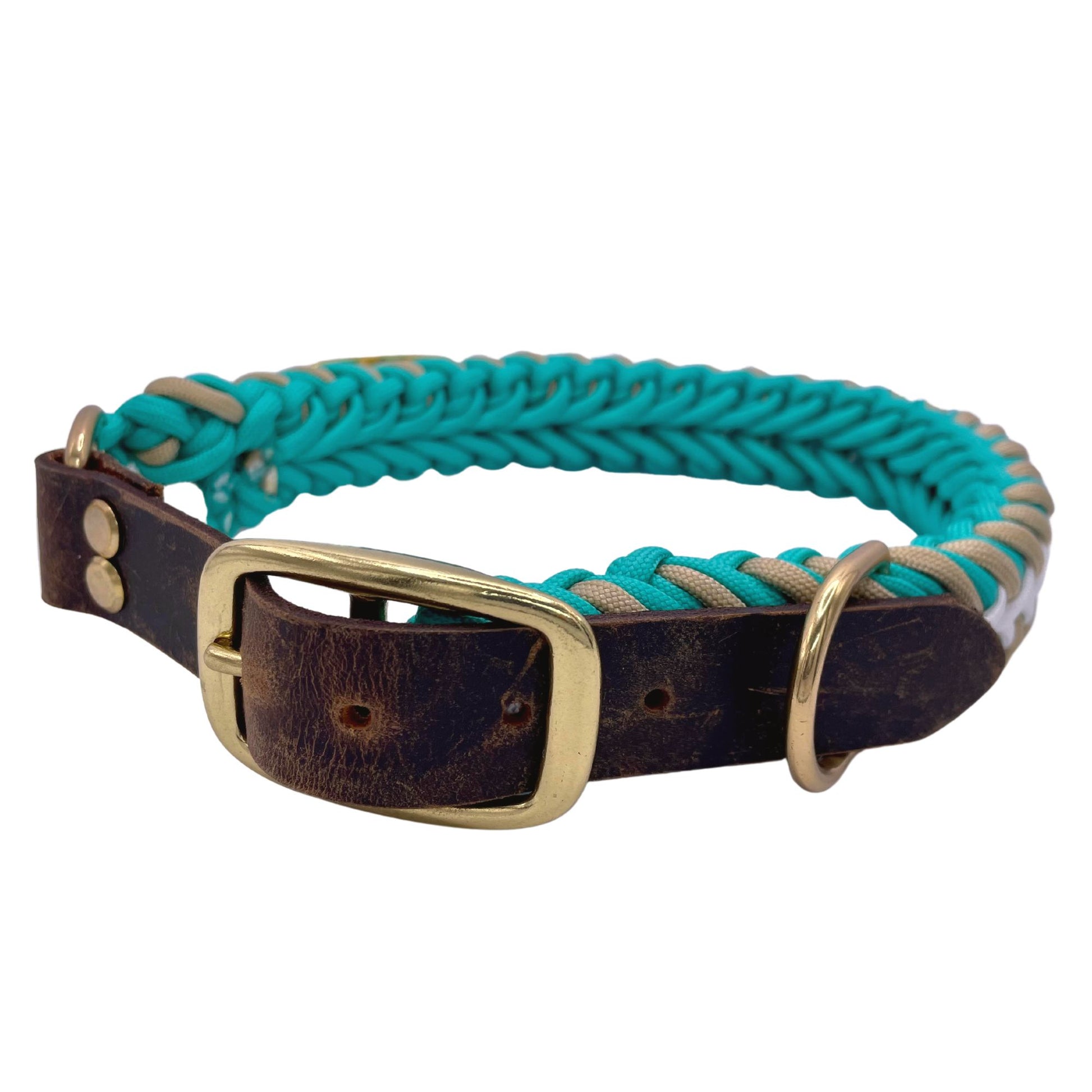 Beautiful Teal Paracord Dog Collar With Gold Hardware and leather or biothane belt