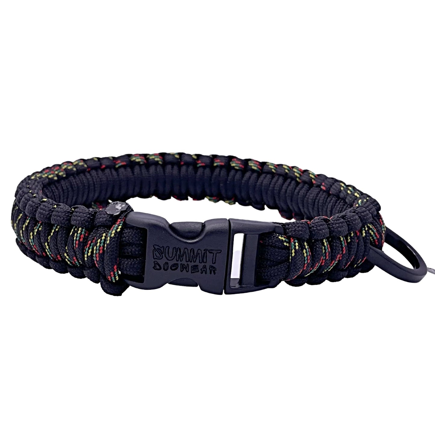 Strong Small dog paracord collar in black with rasta stitching non adjustable and branded buckle