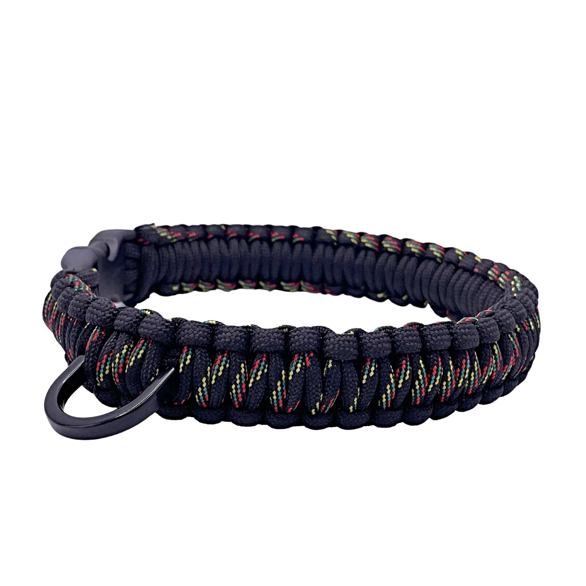 Strong Small dog paracord collar in black with rasta stitching non adjustable and branded buckle