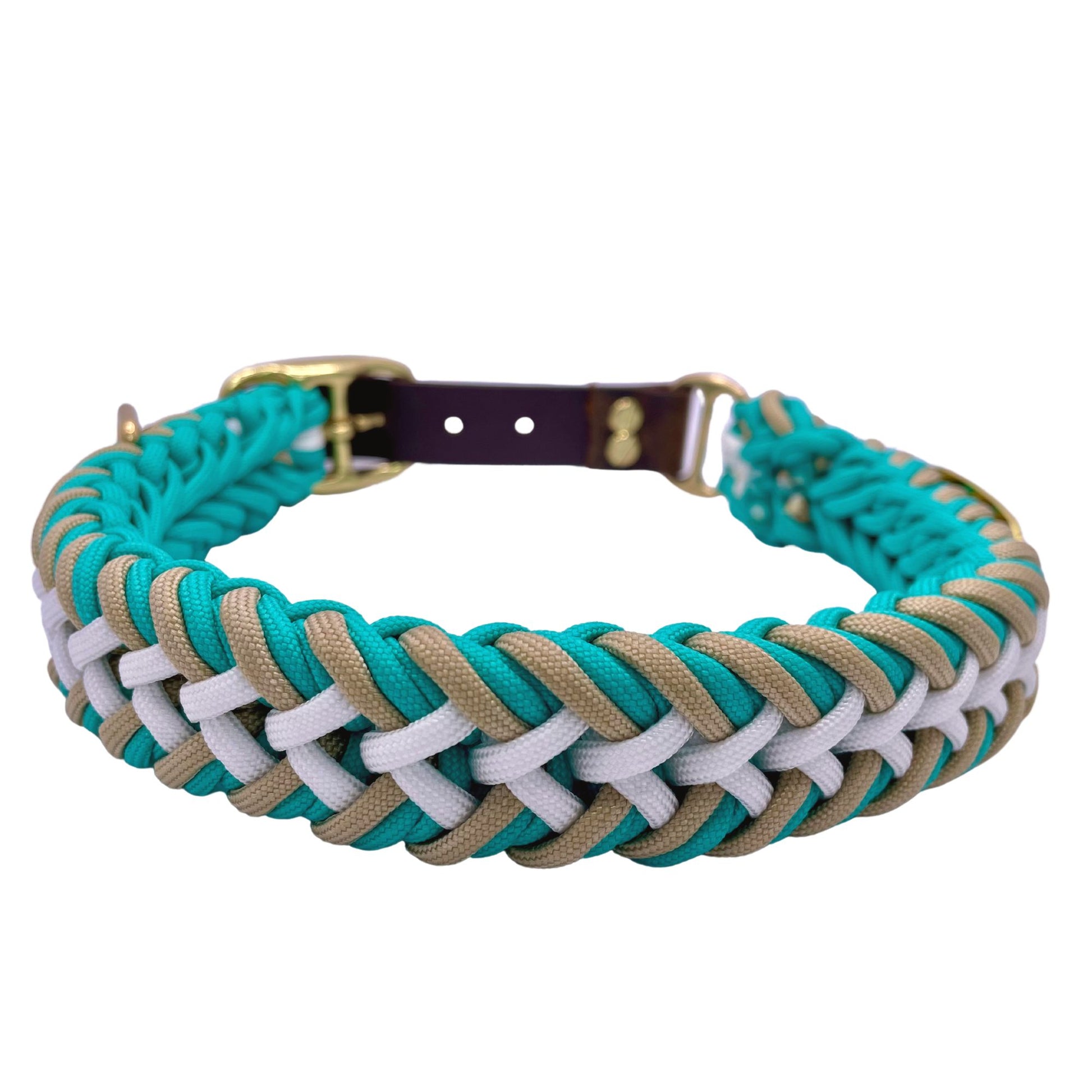 Beautiful Teal Paracord Dog Collar With Gold Hardware and leather or biothane belt