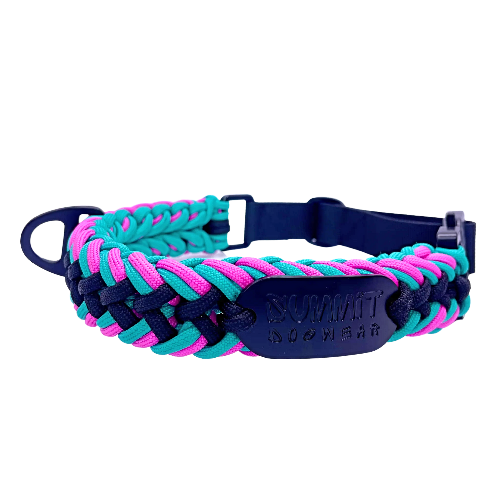 Pink and Teal Tactical Paracord Dog Collar With Tactical Buckle