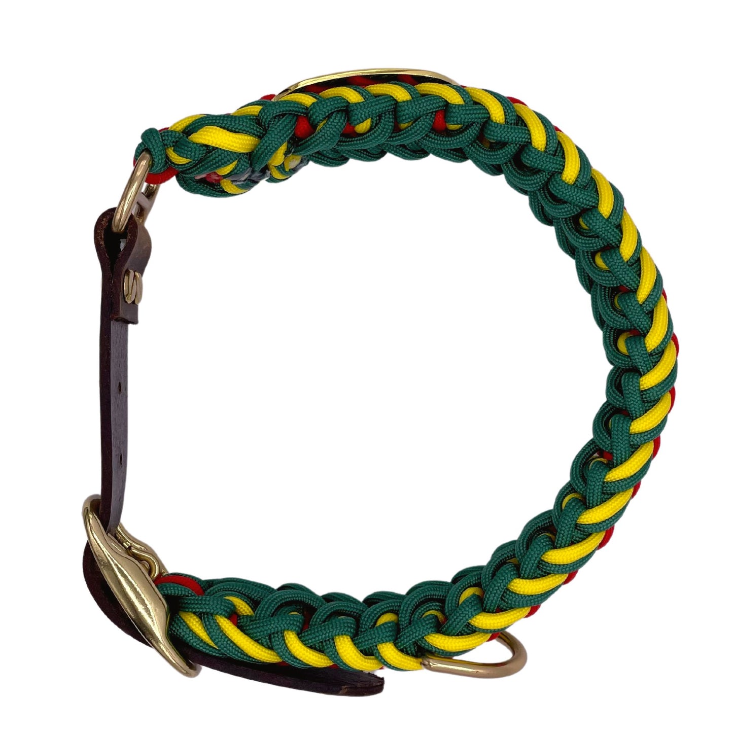 Rasta Paracord Dog Collar with Gold hardware and Leather or Biothane belt options.