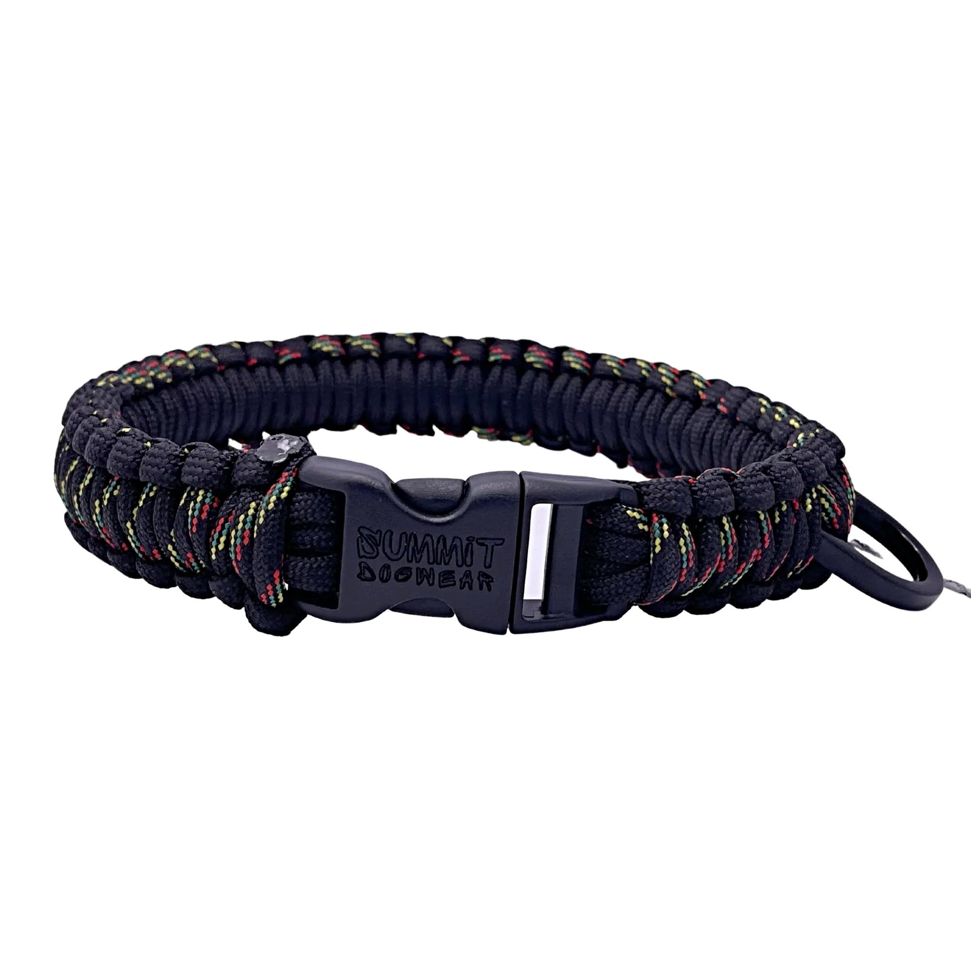 Strong Small dog paracord collar in black with rasta stitching non adjustable and branded buckle