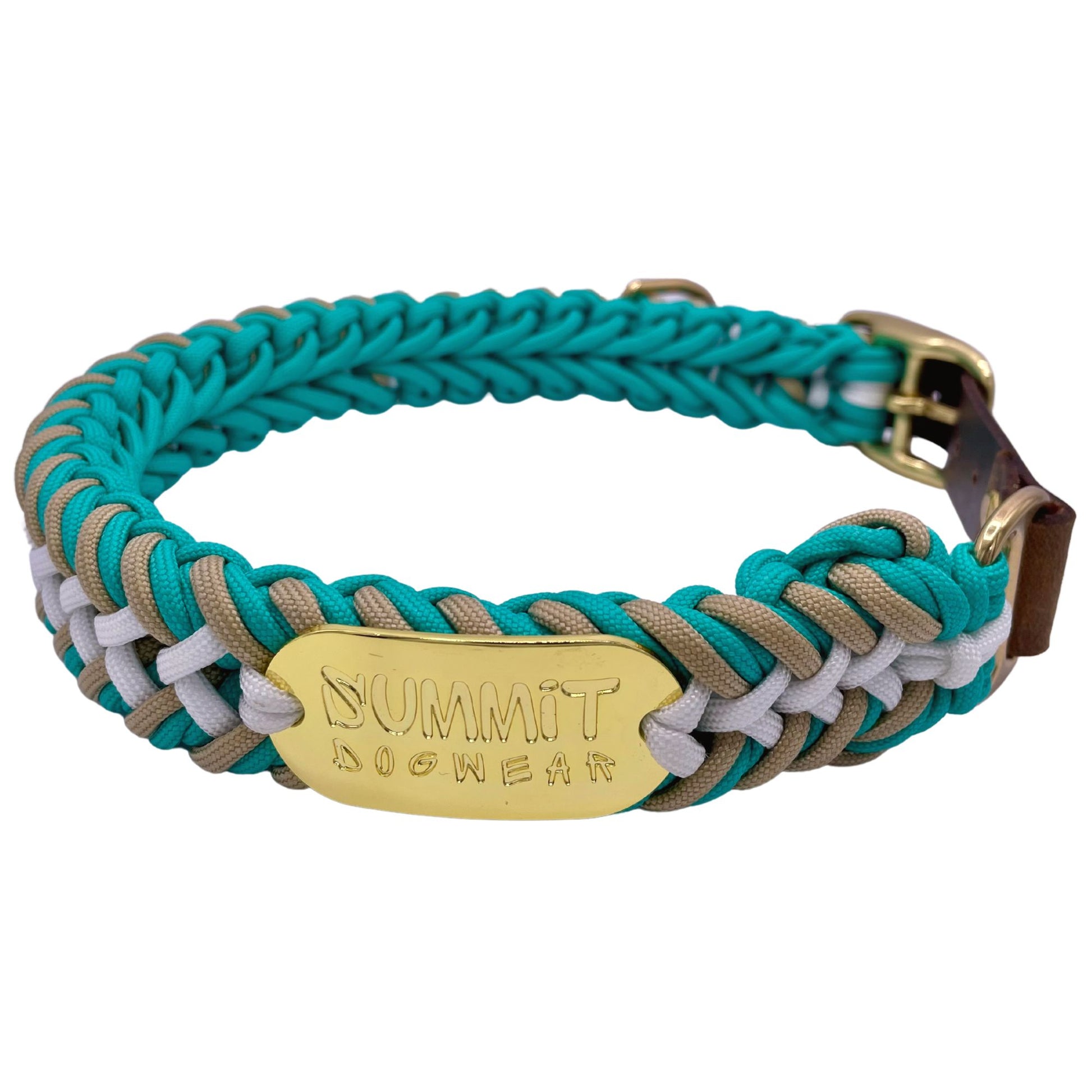 Beautiful Teal Paracord Dog Collar With Gold Hardware and leather or biothane belt