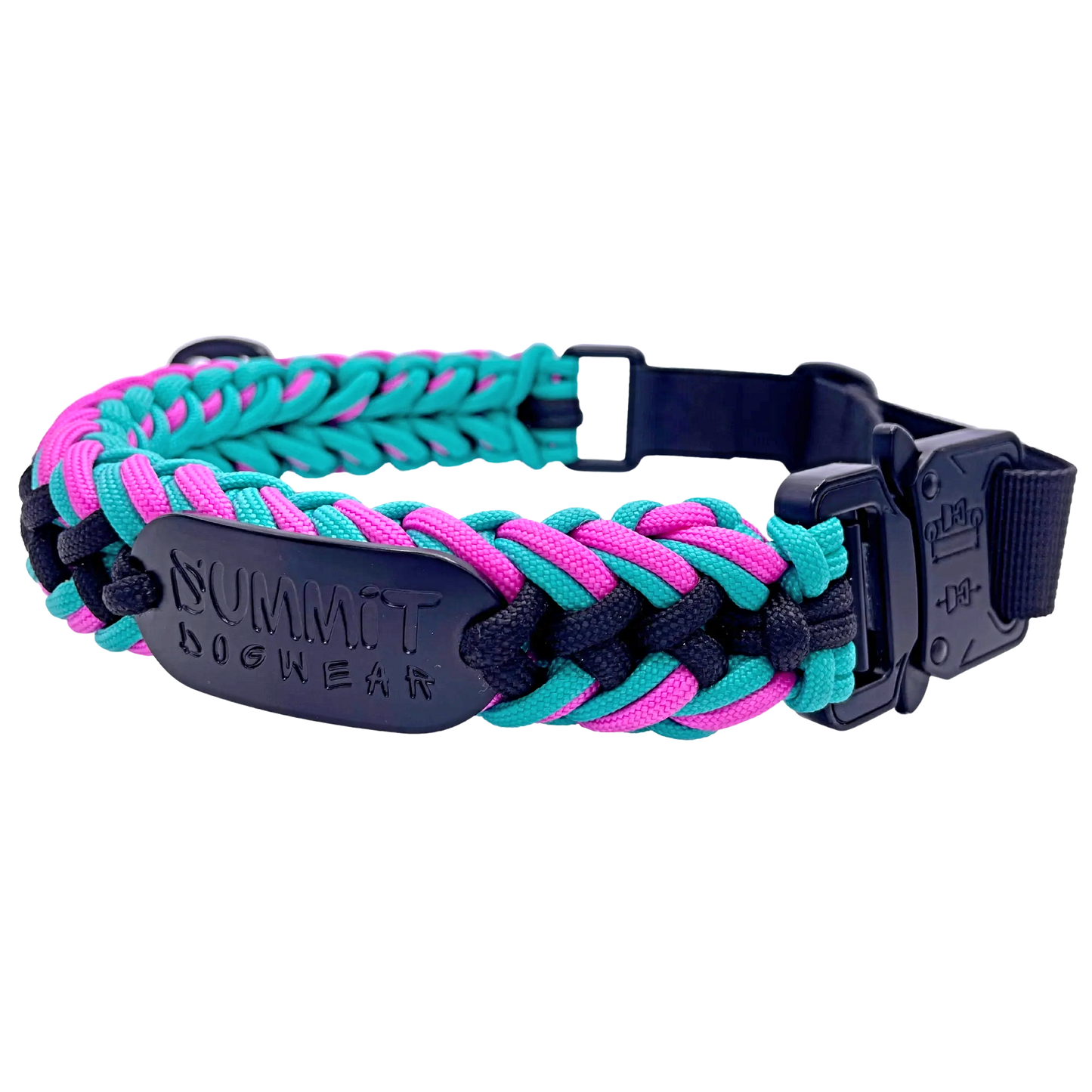 Pink and Teal Tactical Paracord Dog Collar With Tactical Buckle