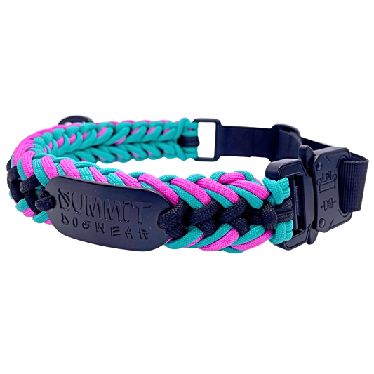 Pink and Teal Tactical Paracord Dog Collar With Tactical Buckle