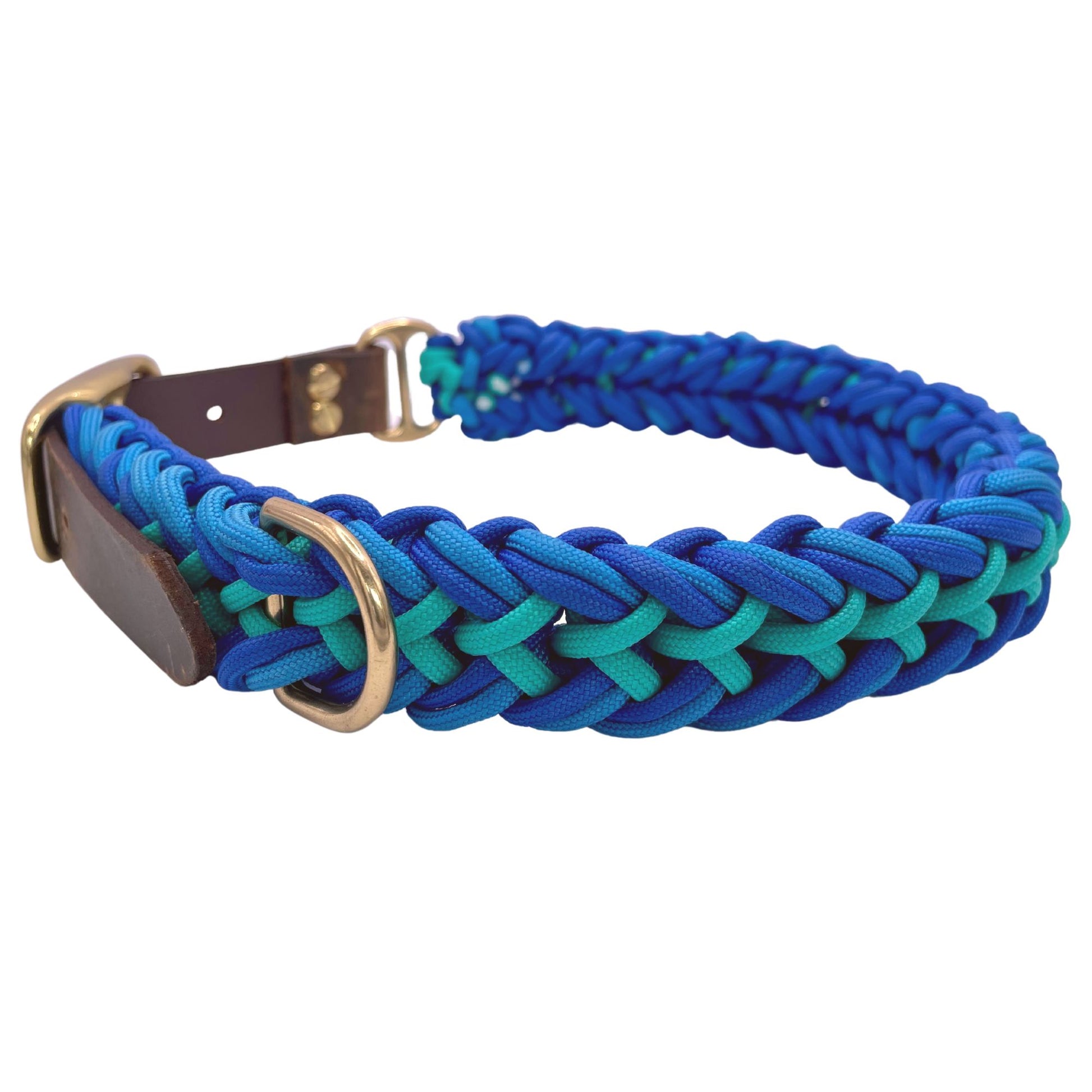 Premium Teal and Blue Paracord Dog Collar with Gold hardware and leather or Biothane belt