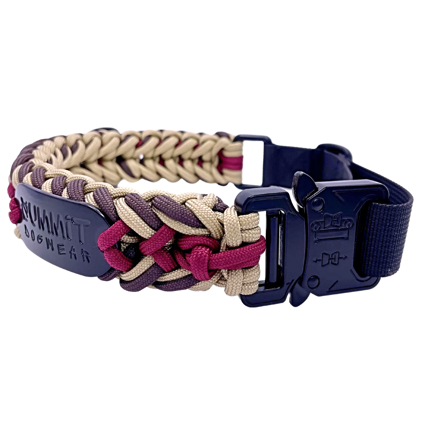 Premium quick-release tactical buckle on braided paracord dog collar in nomad colors