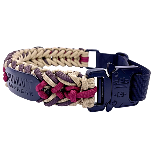 Premium quick-release tactical buckle on braided paracord dog collar in nomad colors