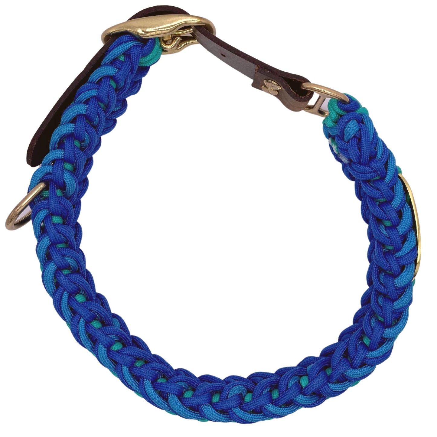 Premium Teal and Blue Paracord Dog Collar with Gold hardware and leather or Biothane belt