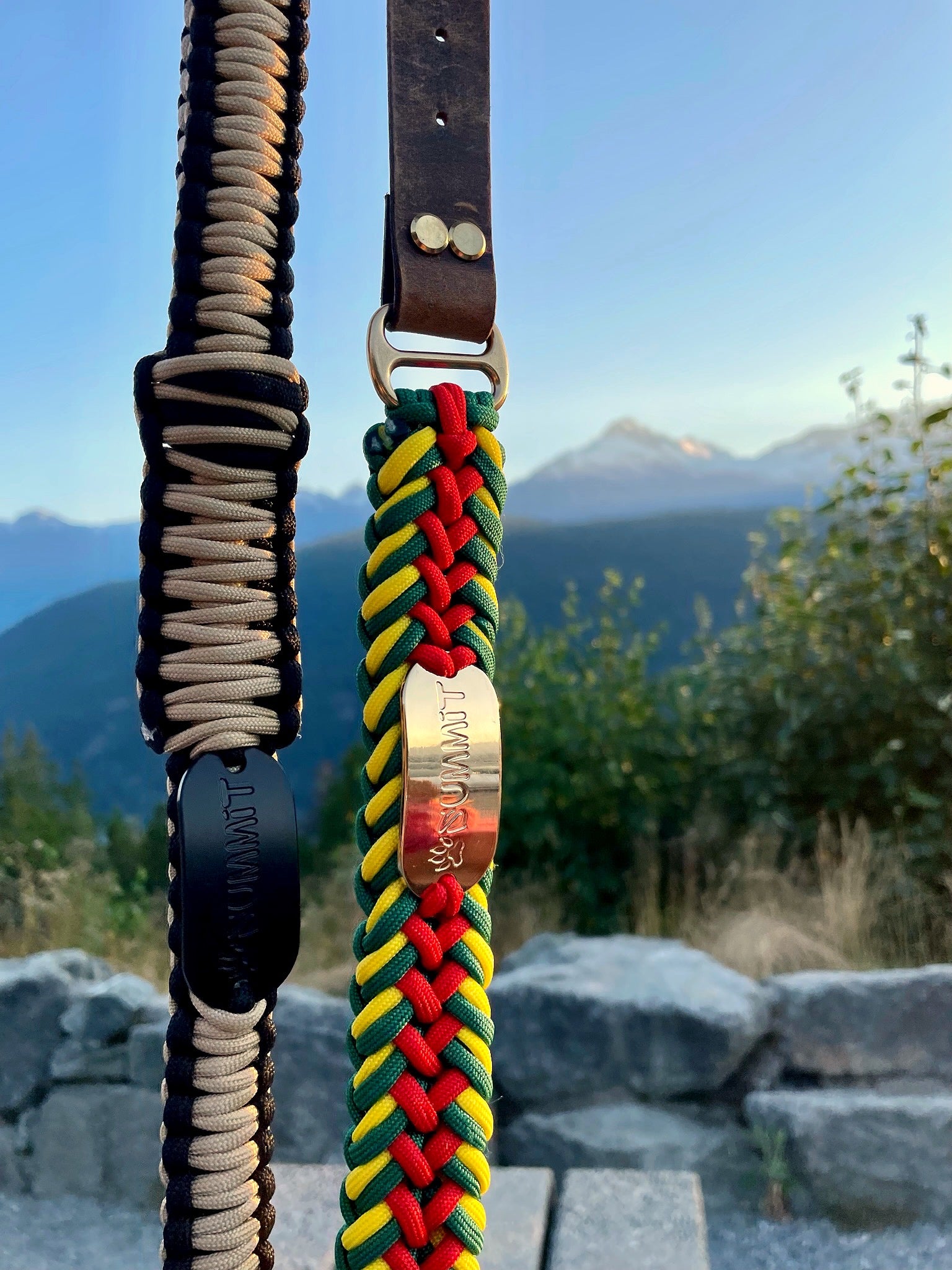 Beautiful Paracord Dog Leash and Dog Collar Set Overlooking Mountain Range off the Sea To Sky Highway In Rasta and Sand Colours