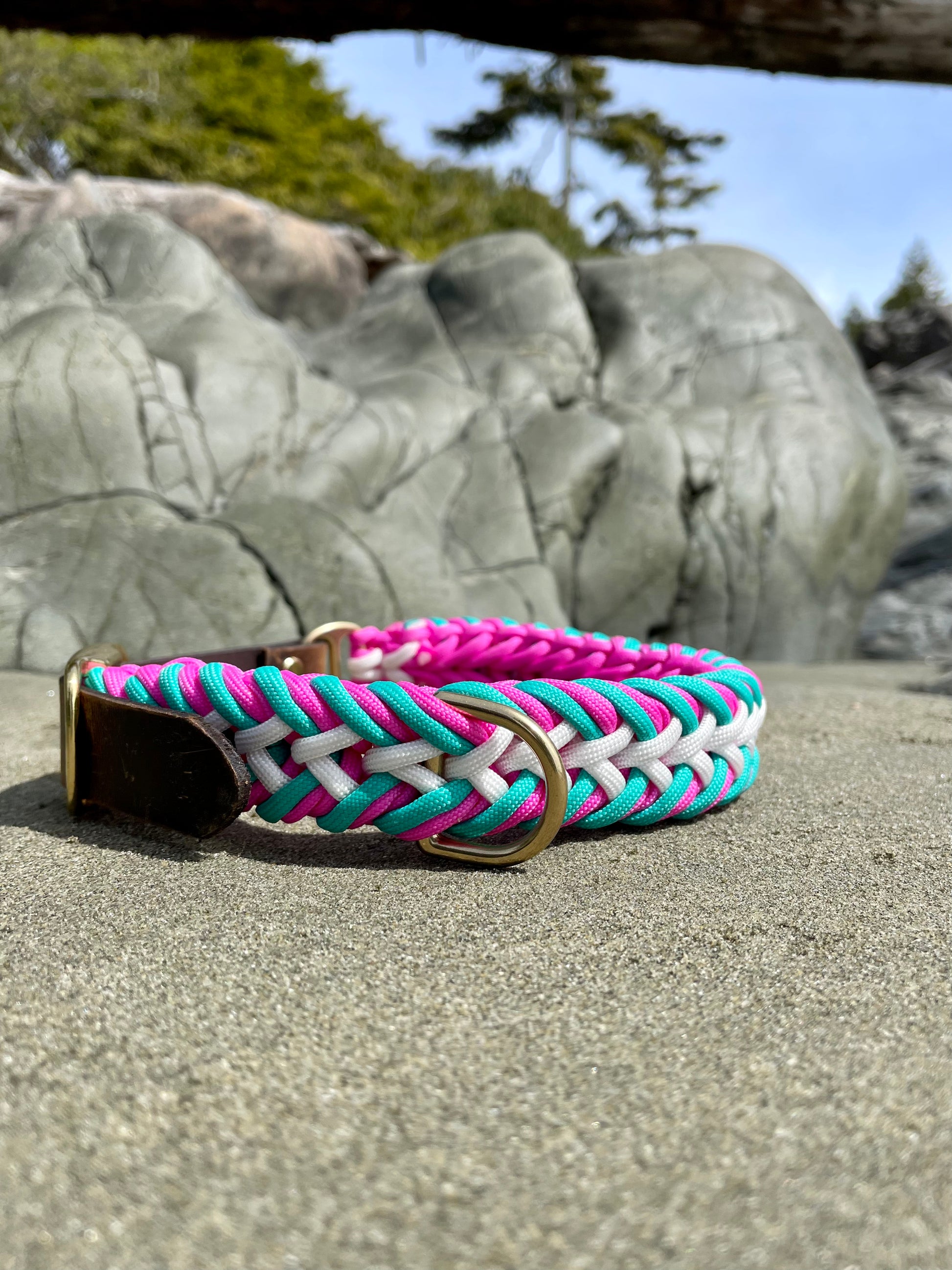 Beautiful Pink and Blue Paracord Dog Collar With Gold Hardware